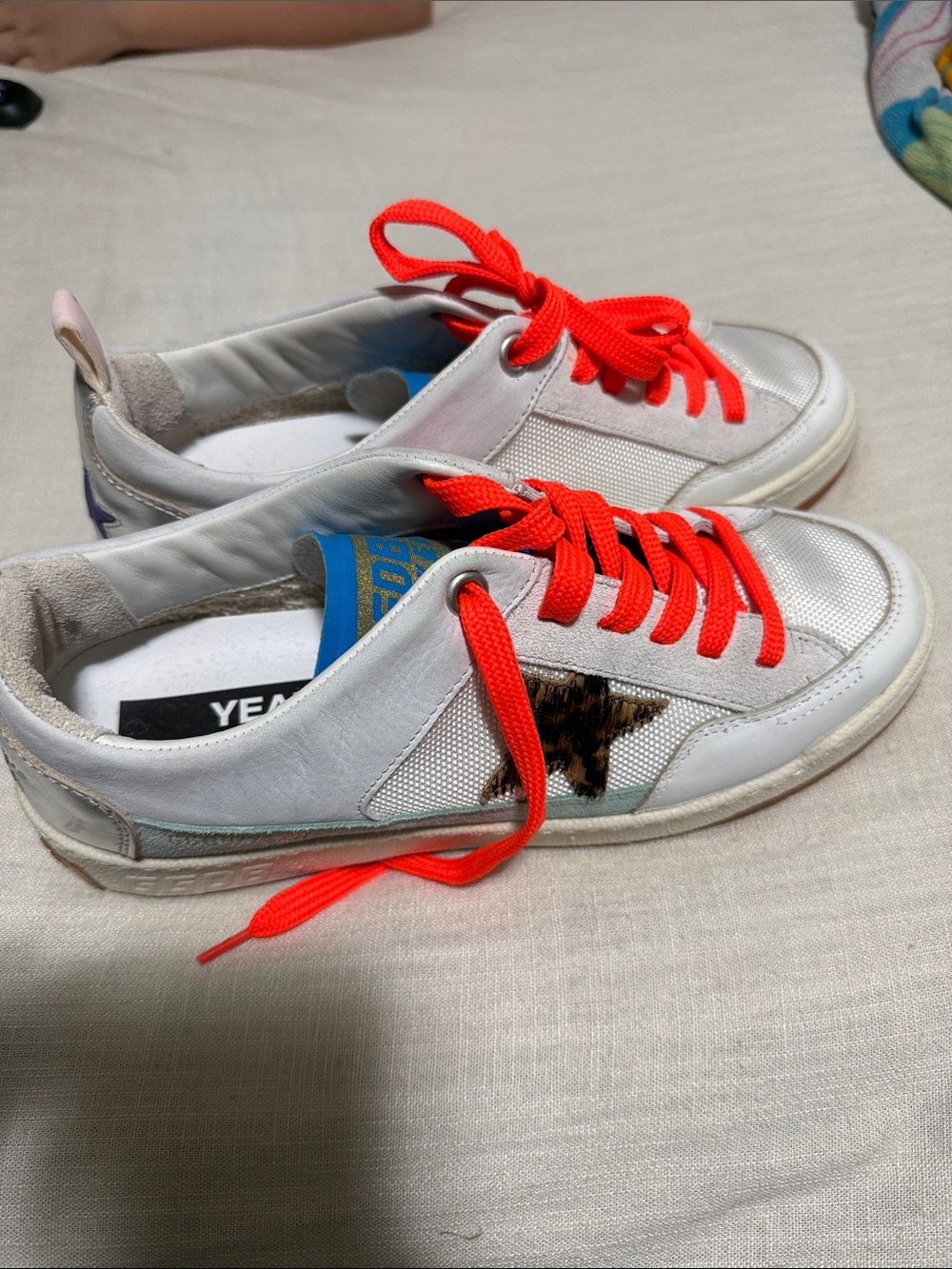 Golden Goose White Leather Sneakers with Bright Orange Laces and Leopard Accent